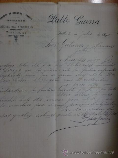 Commercial Letters: CARTA COMERCIAL DE PABLO GUERRA, FABRICA DE BADANAS Y FORROS. SEVILLA 1890.