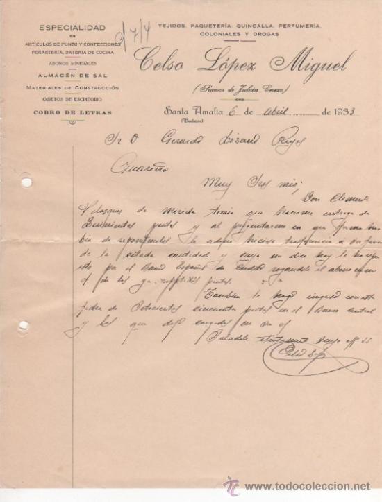 Cartas comerciais: 3 cartas comerciales tejidos, paqueter&iacute;a, perfumer&iacute;a Celso L&oacute;pez Miguel. Santa Amalia . Badajoz 1933