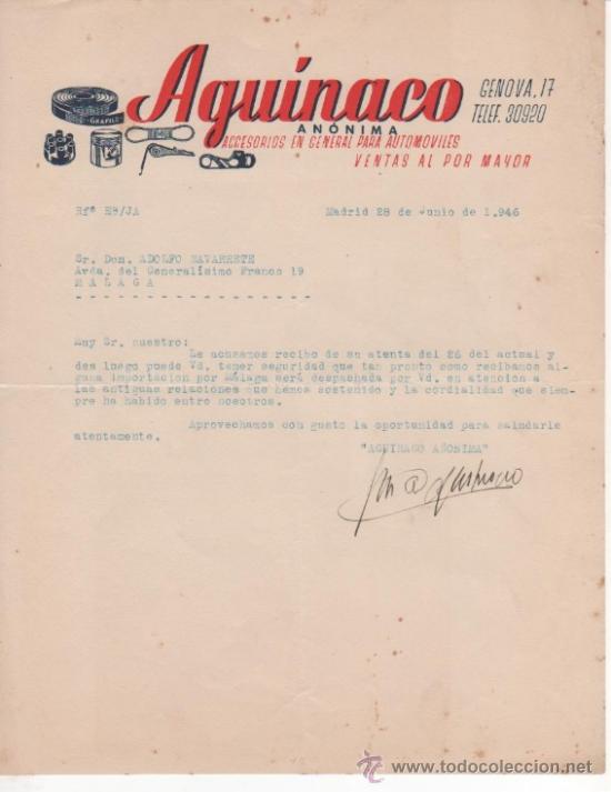 Commercial Letters: carta comercial accesorios para autom&oacute;viles Aquinaco. madrid. a&ntilde;o 1946