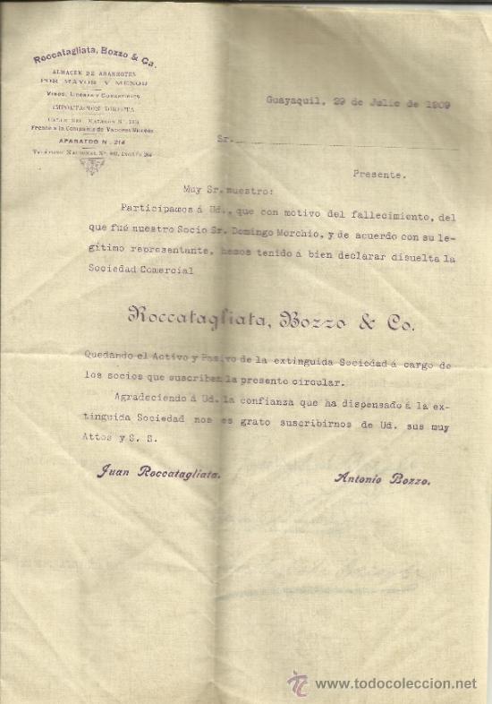 Lettere commerciali: CIRCULAR DE ROCCATAGLIATA, BOZZO & C&ordf;. ALMAC&Eacute;N DE ABARROTES. GUAYAQUIL. ECUADOR. 1909