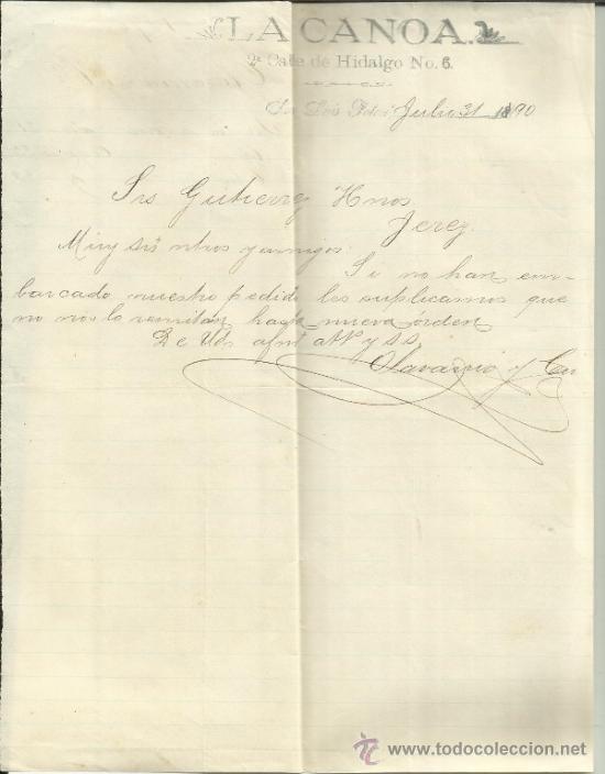 Lettere commerciali: CARTA COMERCIAL DE LA CANOA.  SAN LUIS POTOS&Iacute;. M&Eacute;XICO. 1890