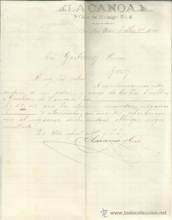 Lettere commerciali: CARTA COMERCIAL DE LA CANOA. SAN LUIS POTOS&Iacute;. M&Eacute;XICO. 1890