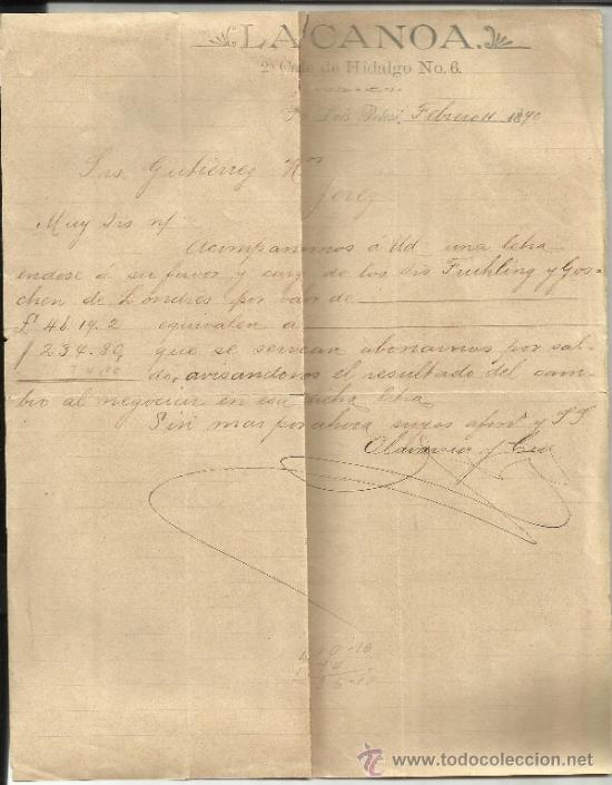 Lettere commerciali: CARTA COMERCIAL DE LA CANOA. SAN LUIS POTOS&Iacute;. M&Eacute;XICO. 1890