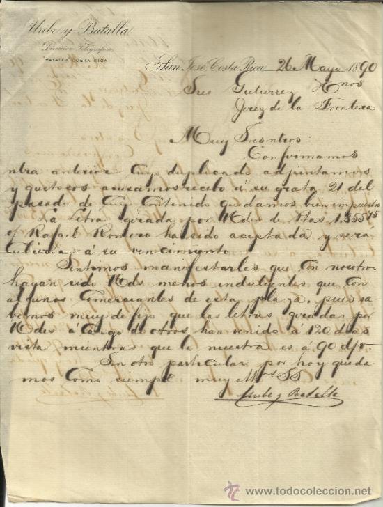 Lettere commerciali: CARTA COMERCIAL DE URIBE Y BATALLA. SAN JOS&Eacute;. COSTA RICA. 1890