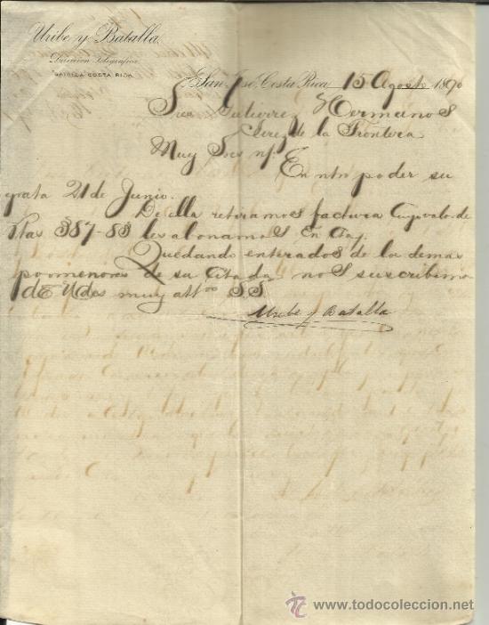 Lettere commerciali: CARTA COMERCIAL DE URIBE Y BATALLA. SAN JOS&Eacute;. COSTA RICA. 1890