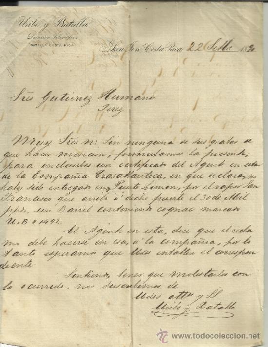 Lettere commerciali: CARTA COMERCIAL DE URIBE Y BATALLA. SAN JOS&Eacute;. COSTA RICA. 1890