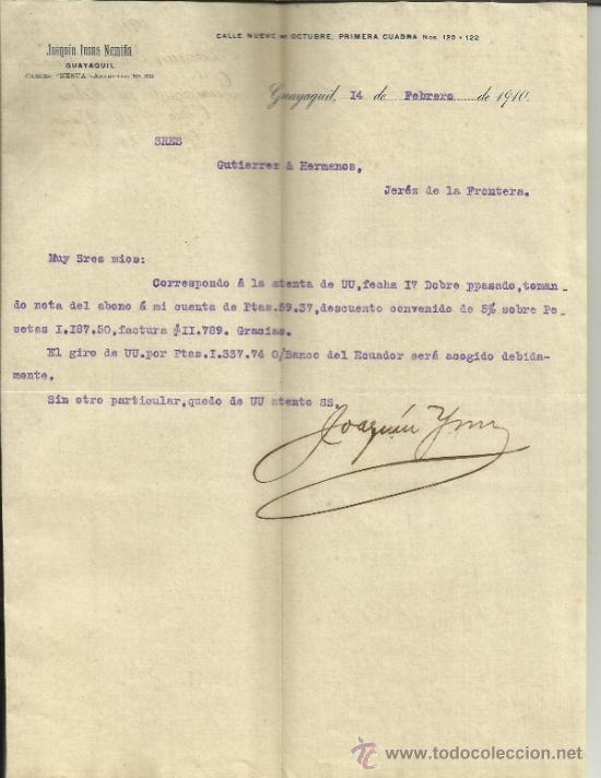 Lettere commerciali: CARTA COMERCIAL DE JOAQU&Iacute;N INSUA NEMI&Ntilde;A. GUAYAQUIL. ECUADOR. 1910