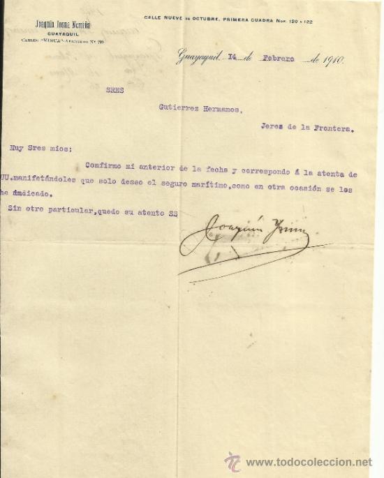 Lettere commerciali: CARTA COMERCIAL DE JOAQU&Iacute;N INSUA NEMI&Ntilde;A. GUAYAQUIL. ECUADOR. 1910