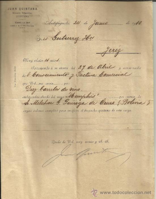 Lettere commerciali: CARTA COMERCIAL DE JUAN QUINTANA. ANTOFAGASTA. CHILE. 1910