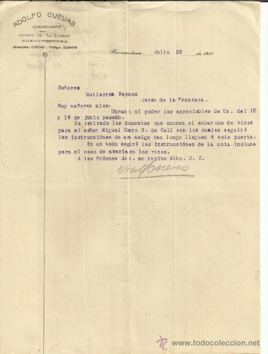 Lettere commerciali: CARTA COMERCIAL DE ADOLFO CUEVAS. COMERCIANTE. BUENAVENTURA. COLOMBIA. 1910