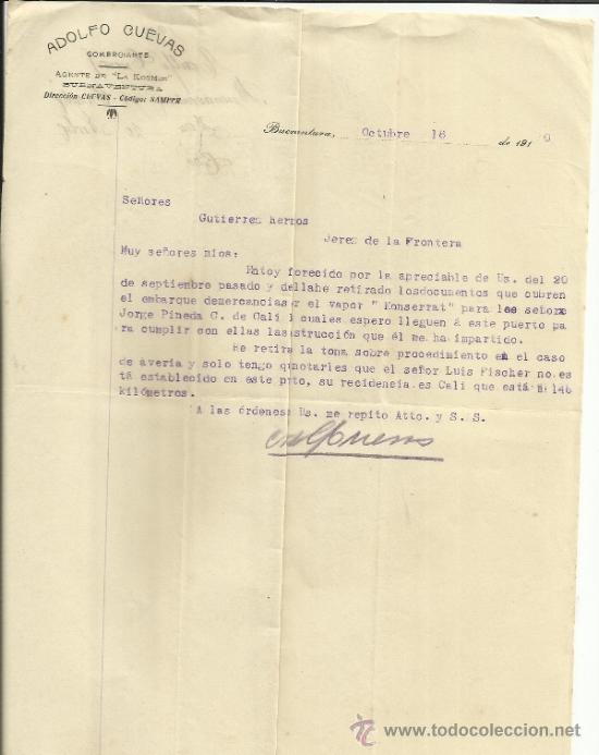 Lettere commerciali: CARTA COMERCIAL DE ADOLFO CUEVAS. COMERCIANTE. BUENAVENTURA. COLOMBIA. 1910