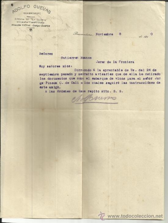 Lettere commerciali: CARTA COMERCIAL DE ADOLFO CUEVAS. COMERCIANTE. BUENAVENTURA. COLOMBIA. 1910