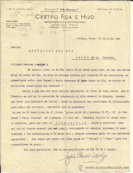 Lettere commerciali: CARTA COMERCIAL DE CASTRO RADA E HIJO. HONDA. COLOMBIA. 1910