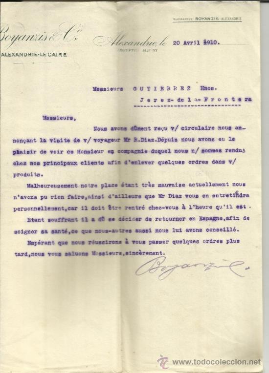 Lettere commerciali: CARTA COMERCIAL DE BOYANZIS & C&ordf;. ALEXANDRIE. EGIPTO. 1910