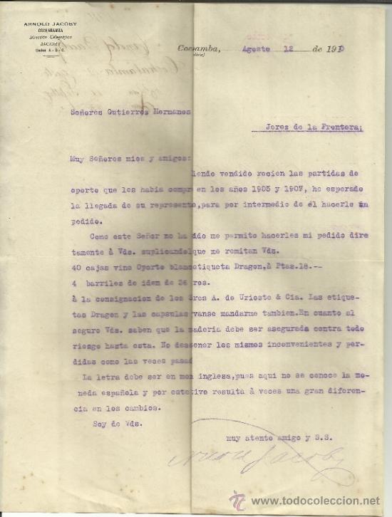 Lettere commerciali: CARTA COMERCIAL DE ARNOLD JACOBY. COCHAMBA. BOLIVIA. 1910
