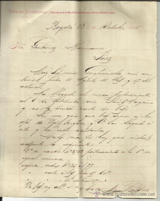 Lettere commerciali: CARTA COMERCIAL DE MANUEL GUTIERREZ. BOGOT&Aacute;. COLOMBIA. 1885.