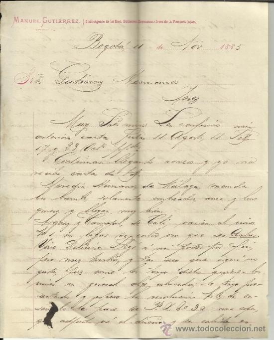 Lettere commerciali: CARTA COMERCIAL DE MANUEL GUTIERREZ. BOGOT&Aacute;. COLOMBIA. 1885 (2 HOJAS).