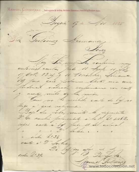 Lettere commerciali: CARTA COMERCIAL DE MANUEL GUTIERREZ. BOGOT&Aacute;. COLOMBIA. 1885