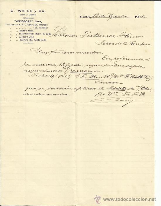 Lettere commerciali: CARTA COMERCIAL DE C. WEISS Y C&ordf;. LIMA. PER&Uacute;. 1910