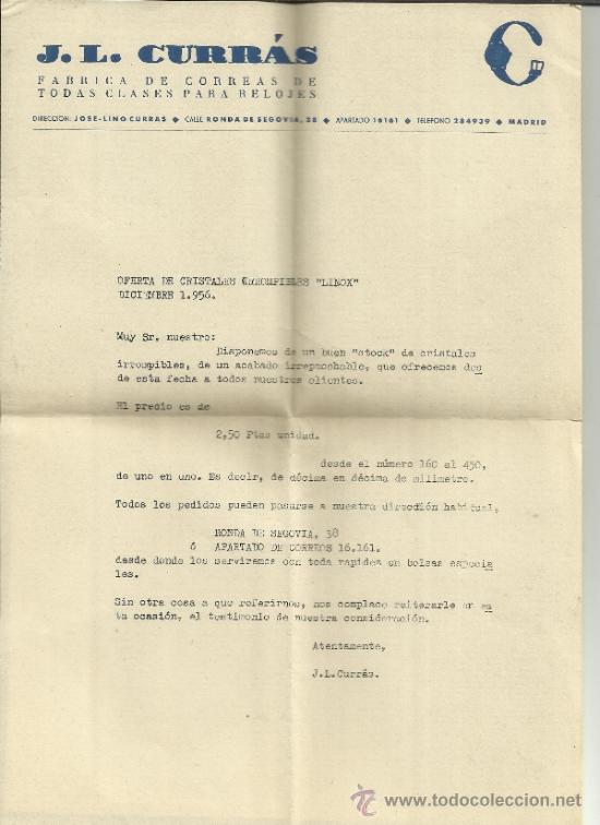 Lettere commerciali: CARTA COMERCIAL DE J.L. CURR&Aacute;S. F&Aacute;BRICA DE CORREAS. MADRID. 1956