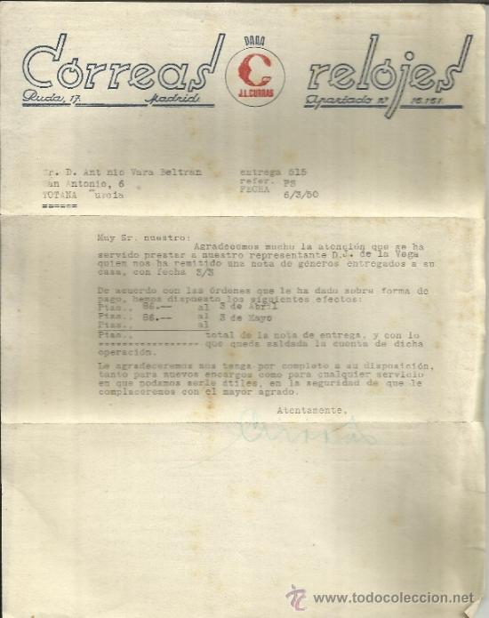 Lettere commerciali: CARTA COMERCIAL DE JOS&Eacute; LINO CURRAS CARC&Iacute;A. CORREAS PARA RELOJES. MADRID. 1950