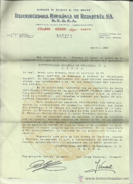 Lettere commerciali: CARTA COMERCIAL DE DISTRIBUIDORA ESPA&Ntilde;OLA DE RELOJER&Iacute;A S.A. MADRID. 1950
