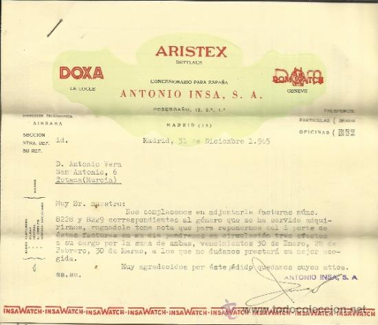 Lettere commerciali: CARTA COMERCIAL DE ANTONIO INSA, S.A. MADRID. 1965