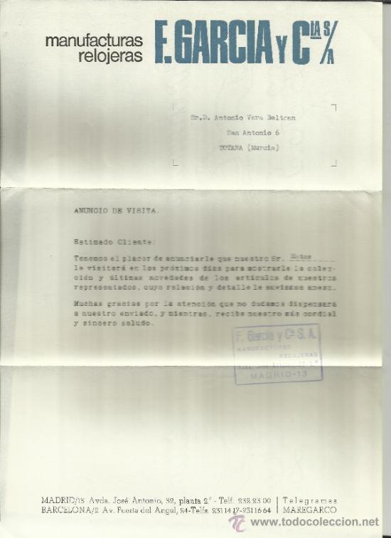 Lettere commerciali: CARTA COMERCIAL DE F. GARC&Iacute;A Y C&ordf;. MANUFACTURAS RELOJERAS. MADRID