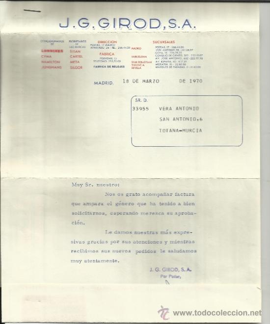 Lettere commerciali: CARTA COMERCIAL ACOMPA&Ntilde;ADA DE FACTURA DE J.G. GIROD, S.A. MADRID. 1970
