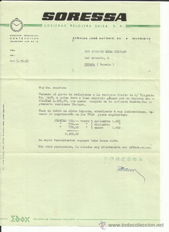 Lettere commerciali: CARTA COMERCIAL DE SORESSA. SOCIEDAD RELOJERA SUIZA, S.A. MADRID. 1965