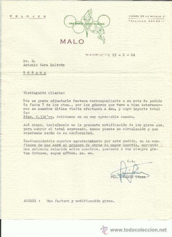 Lettere commerciali: CARTA COMERCIAL DE RELOJES MALO. MADRID. 1964