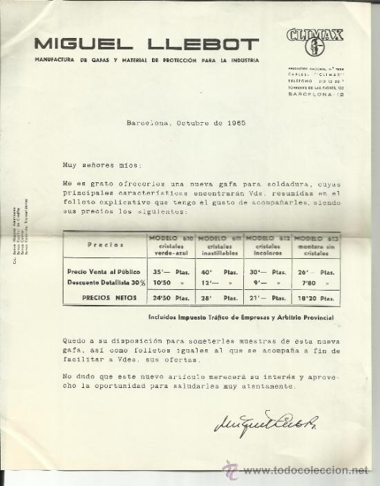 Lettere commerciali: CIRCULAR DE MIGUEL LLEBOT. MANUFACTURA DE GAFAS Y PROTECCI&Oacute;N INDUSTRIA. BARCELONA. 1965
