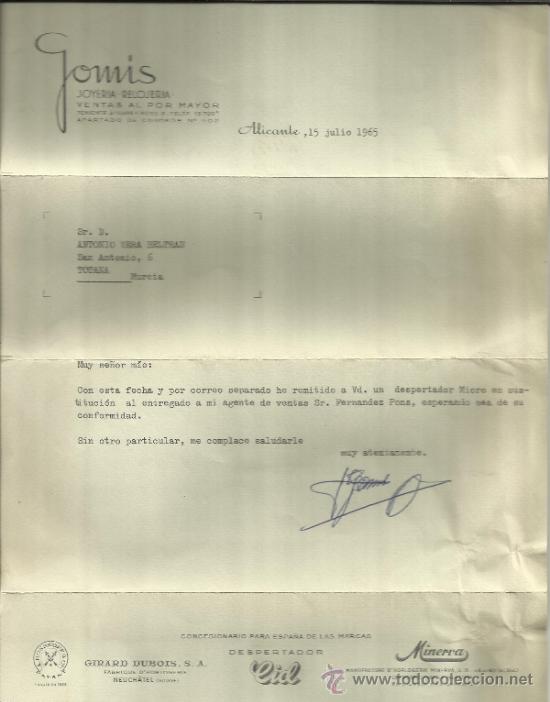 Lettere commerciali: CARTA COMERCIAL DE GOMIS. JOYER&Iacute;A RELOJER&Iacute;A. ALICANTE. 1965