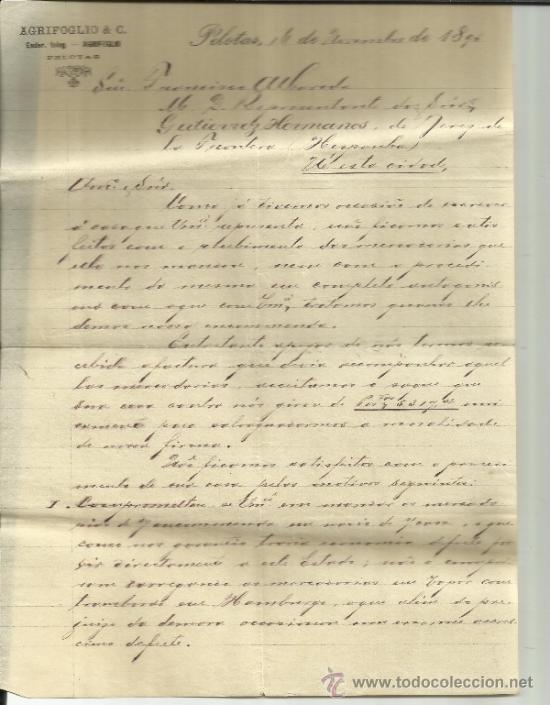 Lettere commerciali: CARTA COMERCIAL DE AGRIFOGLIO & C. PELOTAS. BRASIL. 1895 (2 HOJAS).