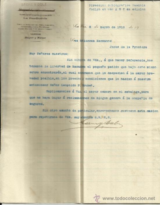 Lettere commerciali: CARTA COMERCIAL DE SAENZ Y DOLZ. LA PAZ. BOLIVIA. 1910