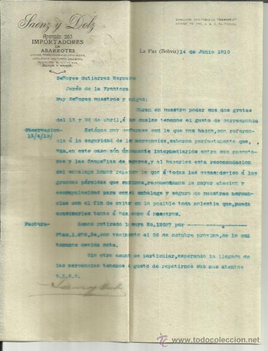 Lettere commerciali: CARTA COMERCIAL DE SAENZ Y DOLZ. LA PAZ. BOLIVIA. 1910