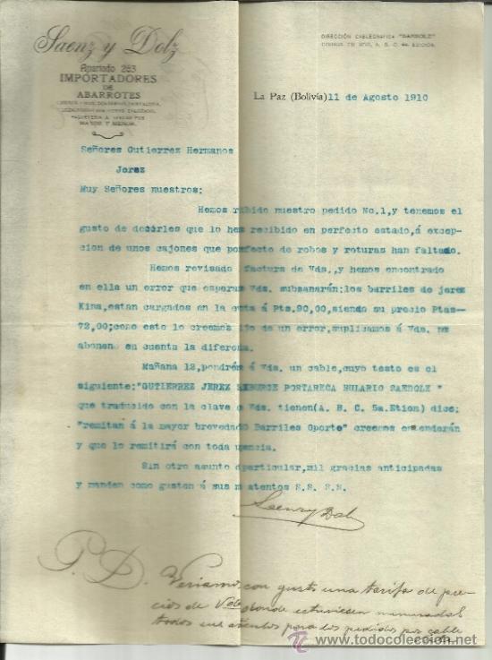 Lettere commerciali: CARTA COMERCIAL DE SAENZ Y DOLZ. LA PAZ. BOLIVIA. 1910