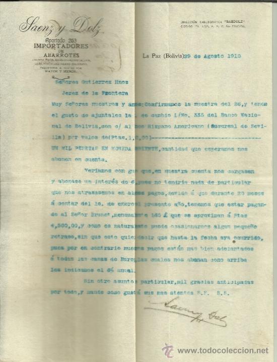 Lettere commerciali: CARTA COMERCIAL DE SAENZ Y DOLZ. LA PAZ. BOLIVIA. 1910