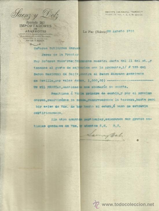 Lettere commerciali: CARTA COMERCIAL DE SAENZ Y DOLZ. LA PAZ. BOLIVIA. 1910