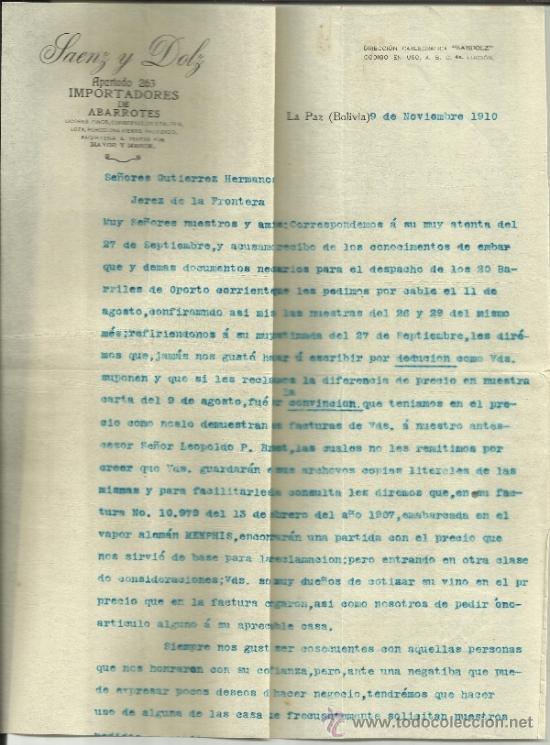 Lettere commerciali: CARTA COMERCIAL DE SAENZ Y DOLZ. LA PAZ. BOLIVIA. 1910 (2 HOJAS)