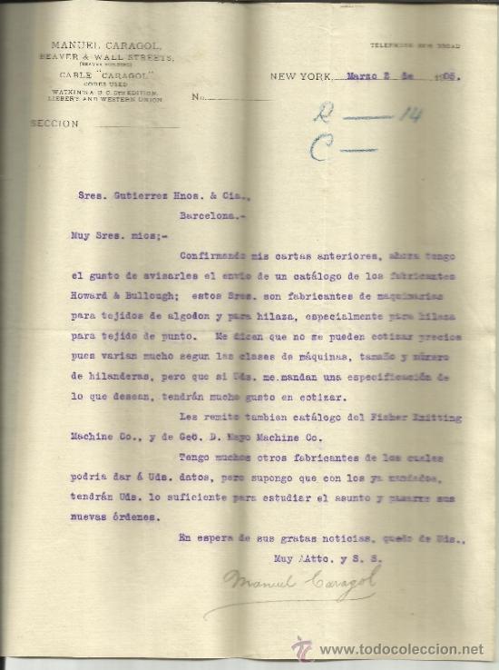Commercial Letters: CARTA COMERCIAL DE MANUEL CARACOL. BEAVER & WALL STREETS. NEW YORK. 1905