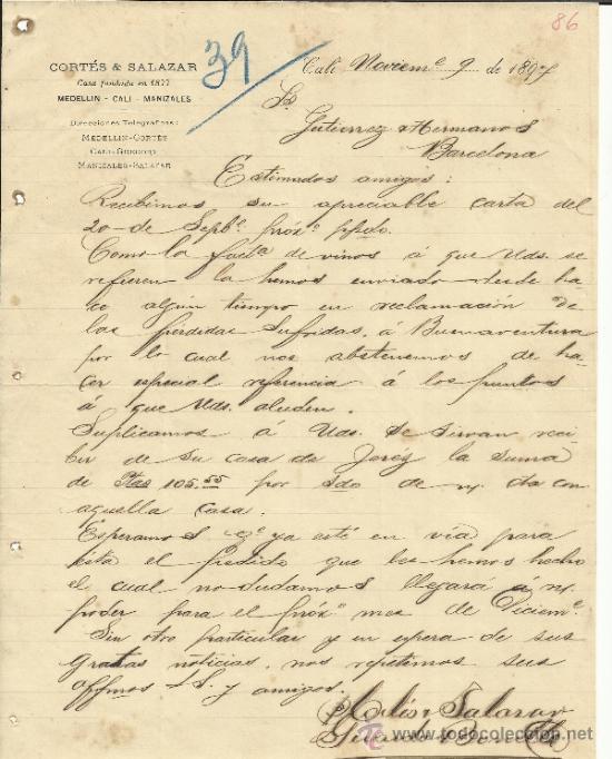 Commercial Letters: CARTA COMERCIAL DE CORT&Eacute;S & SALAZAR. CALI. COLOMBIA. 1897