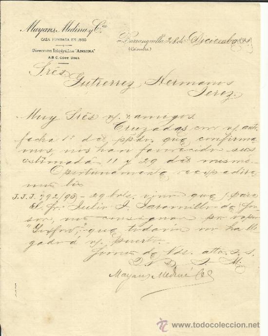 Commercial Letters: CARTA COMERCIAL DE MAYANS, MEDINA Y C&ordf;. BARRANQUILLA. COLOMBIA. 1895