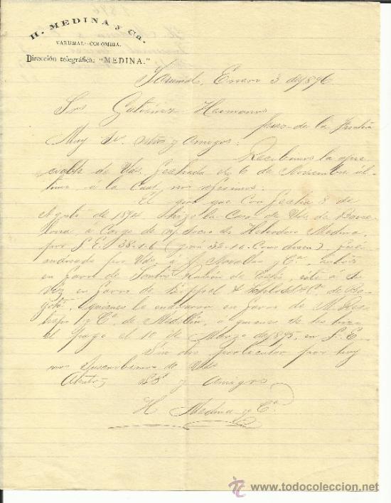 Commercial Letters: CARTA COMERCIAL DE H. MEDINA Y C&ordf;. YARUMAL. COLOMBIA. 1895