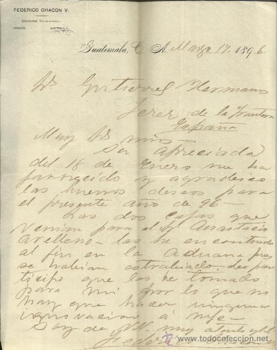 Commercial Letters: CARTA COMERCIAL DE FEDERICO CHACON V. GUATEMALA (GUATEMALA). 1896