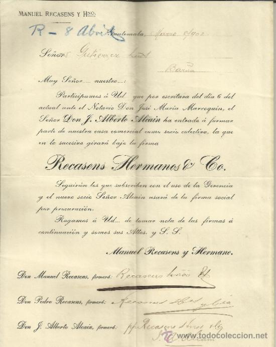 Commercial Letters: CARTA COMERCIAL DE MANUEL RECANSENS Y HERMANO. GUATEMALA (GUATEMALA). 1902
