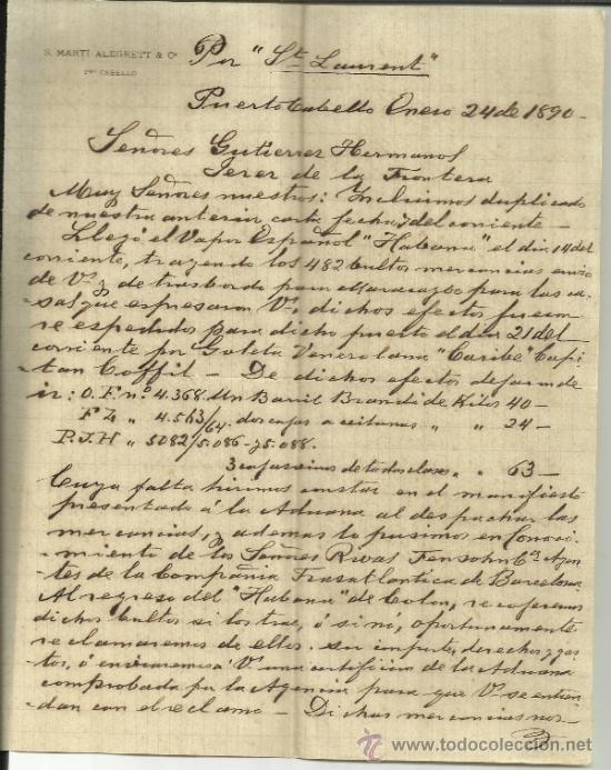 Commercial Letters: CARTA COMERCIAL DE S. MARTI ALEGRETT & C&ordm;. PUERTO CABELLO. VENEZUELA. 1890