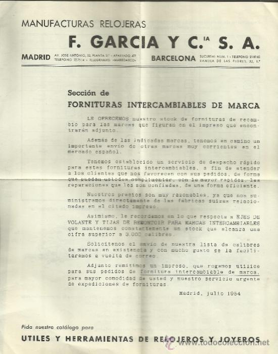 Commercial Letters: CIRCULAR DE F.GARC&Iacute;A Y C&ordf;. S.A. MANUFACTURAS RELOJERAS. MADRID. 1954