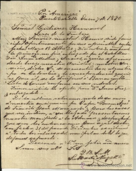 Commercial Letters: CARTA COMERCIAL DE S. MARTI ALEGRETT & C&ordf;. PUERTO CABELLO. VENEZUELA. 1890