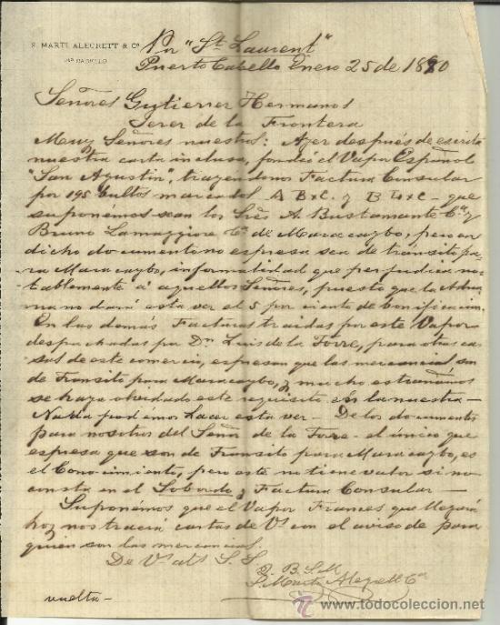 Commercial Letters: CARTA COMERCIAL DE S. MARTI ALEGRETT & C&ordf;. PUERTO CABELLO. VENEZUELA. 1890 (2 HOJAS)